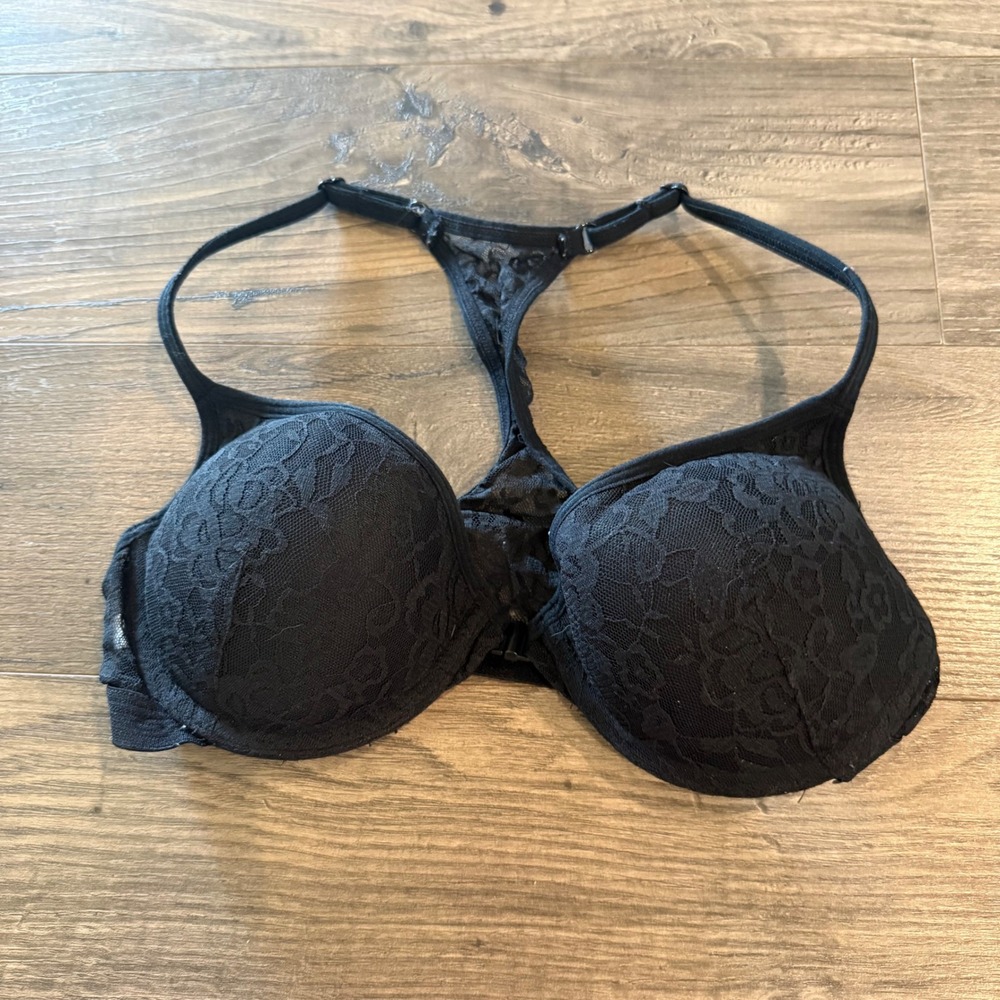 SO Intimates Black Lace Front Clasp Racerback Push Up Bra 34C‎ Floral T-Back